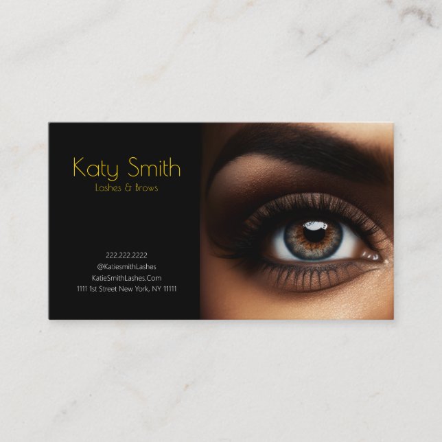Glamourous Lashes & Brows - Gold on Black Card (Front)