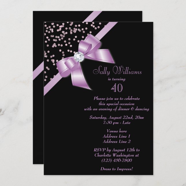 Glamourous Lilac Confetti & Jewel Bow 40th Birthda Invitation (Front/Back)