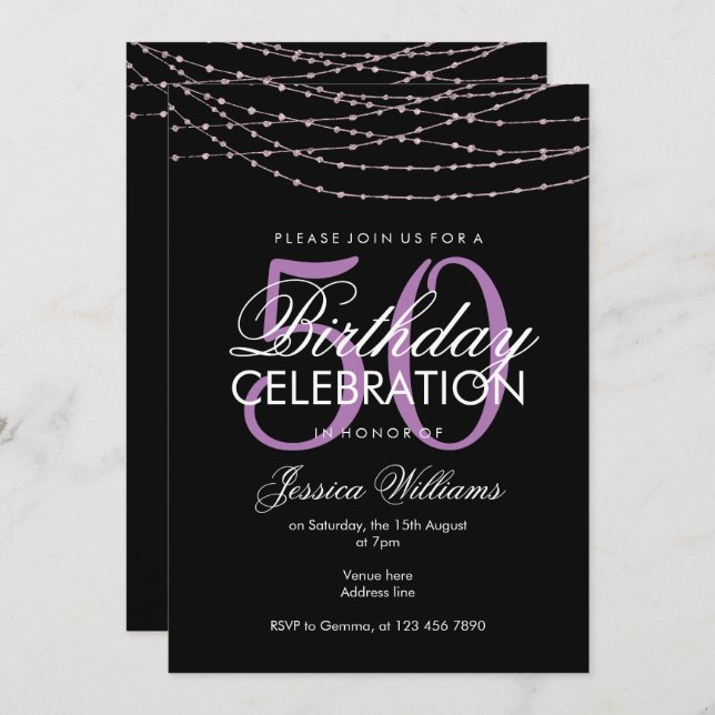 Glamourous Lilac Lights 50th Birthday Invitation (Front/Back)