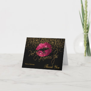 Glamourous Lips Hot Pink Lips on Black Thank You Card