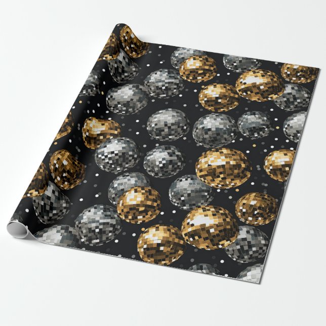 Glamourous Metallic Gold and Silver Disco Ball Wrapping Paper (Unrolled)