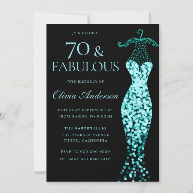 Glamourous Mint Teal Dress Fabulous 70th Birthday Invitation (Front)