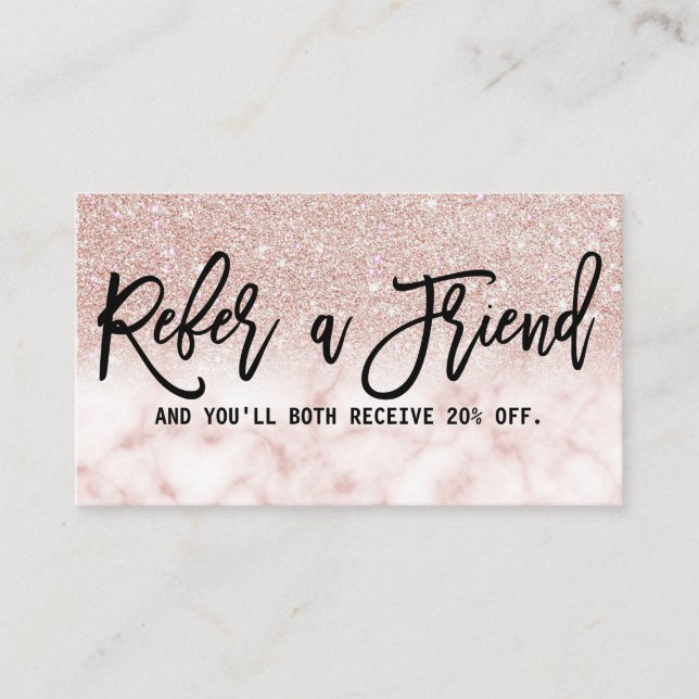 Glamourous Modern Chic Rose Gold Glitter Marble Referral Card (Front)