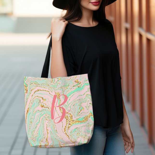 Glamourous Modern Pretty Pink Mint Gold Marbling Tote Bag (Glamorous Modern Pretty Pink Mint Gold Marbling Tote Bag)