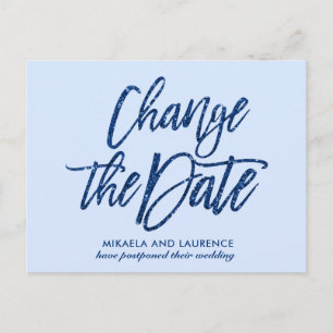 Glamourous Navy Blue glitter script change the dat Announcement Postcard