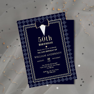 Glamourous Navy Blue & Gold Tuxedo Milestone Age Invitation