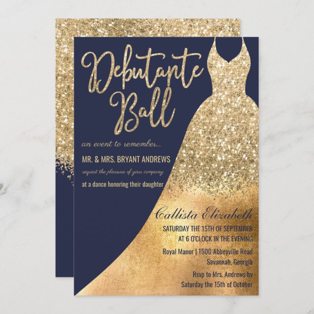 Glamourous Navy Gold Glitter Dress Debutante Dance Invitation (Front/Back)