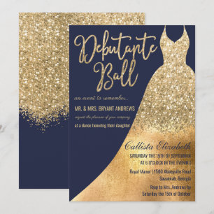 Glamourous Navy Gold Glitter Dress Debutante Dance Invitation