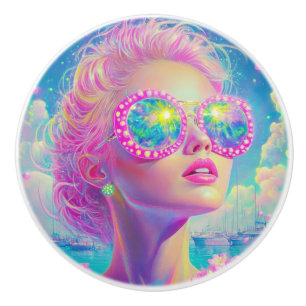 Glamourous Neon Woman with Sparkling Glasses Ceramic Knob