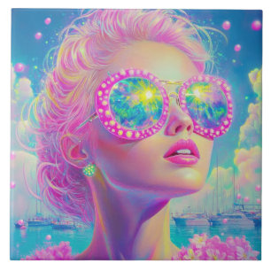 Glamourous Neon Woman with Sparkling Glasses Ceramic Tile