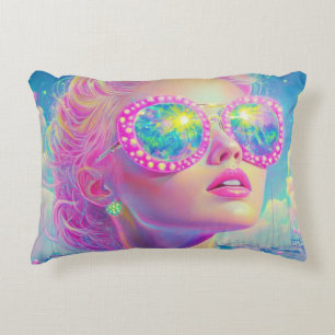 Glamourous Neon Woman with Sparkling Glasses Decorative Cushion