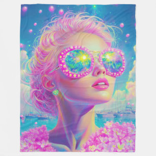 Glamourous Neon Woman with Sparkling Glasses Fleece Blanket