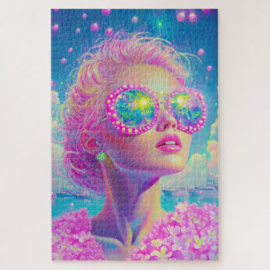 Glamourous Neon Woman with Sparkling Glasses Jigsaw Puzzle