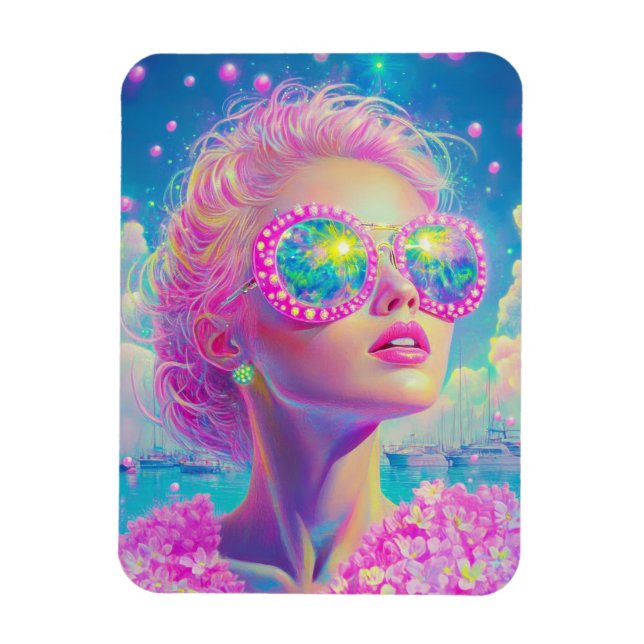 Glamourous Neon Woman with Sparkling Glasses Magnet (Vertical)