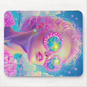Glamourous Neon Woman with Sparkling Glasses Mouse Pad