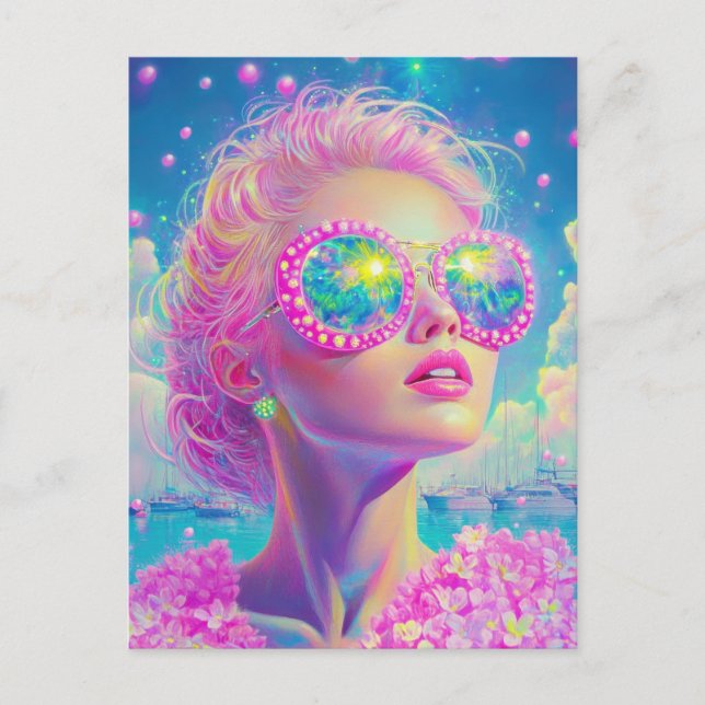 Glamourous Neon Woman with Sparkling Glasses Postcard (Front)