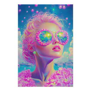 Glamourous Neon Woman with Sparkling Glasses Poster