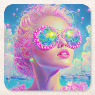 Glamourous Neon Woman with Sparkling Glasses Square Paper Coaster