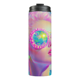 Glamourous Neon Woman with Sparkling Glasses Thermal Tumbler