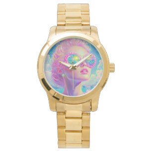 Glamourous Neon Woman with Sparkling Glasses Watch