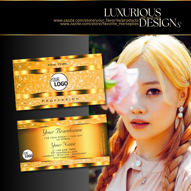 Glamourous Orange Sparkle Glitter Stars and Logo Business Card (Creator Uploaded)