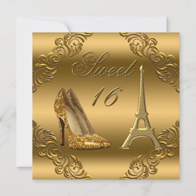 Glamourous Paris Gold Glitter High Heels Sweet 16 Invitation (Front)