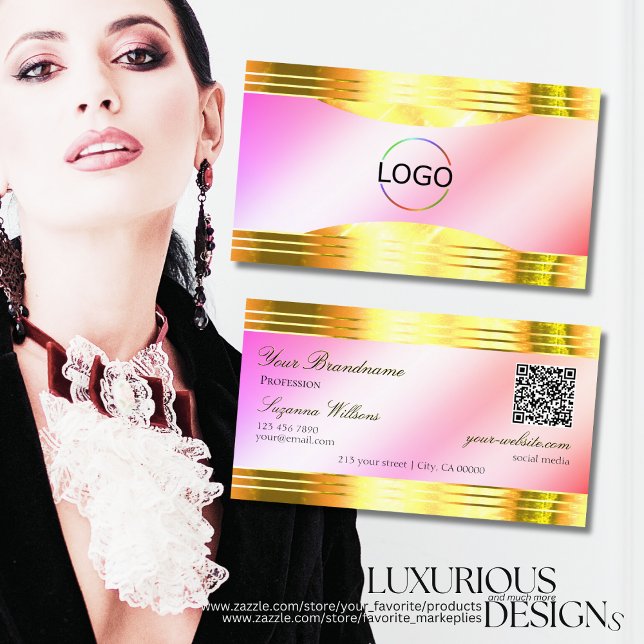 Glamourous Pastel Pink Gold Borders Logo QR Code Business Card (Creator Uploaded)