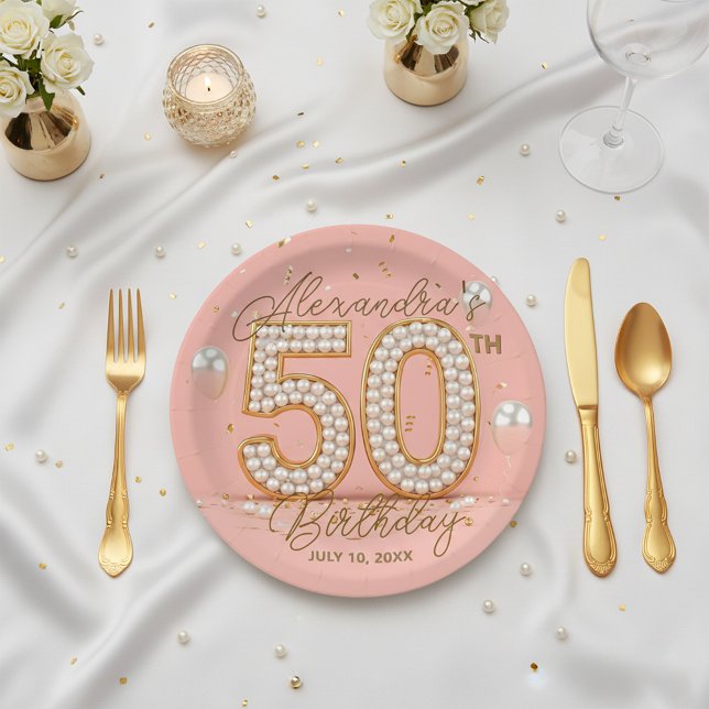 Glamourous Pearl and Gold 50th Birthday Party Paper Plate (Creator Uploaded)