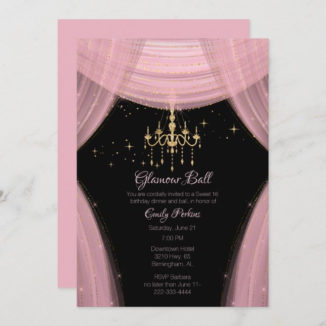 Glamourous Pink and Black Sweet Sixteen Invitation (Front/Back)