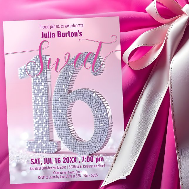 Glamourous Pink and Diamond Sweet 16 Celebration Invitation (Creator Uploaded)