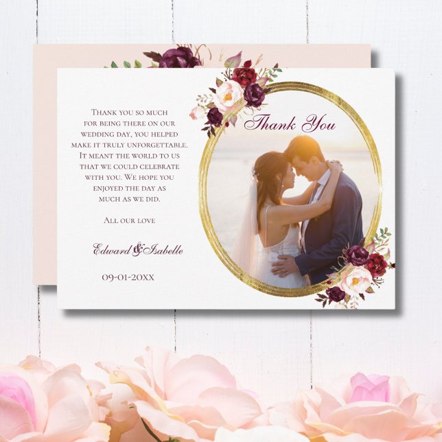 Glamourous Pink & Burgundy Rose Floral Couple Phot Thank You Card (Creator Uploaded)