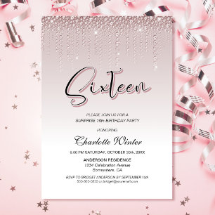 Glamourous Pink Diamonds Surprise 16th Birthday  Invitation