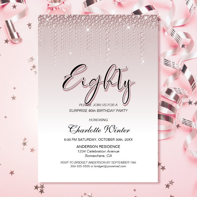 Glamourous Pink Diamonds Surprise 80th Birthday Invitation (Creator Uploaded)