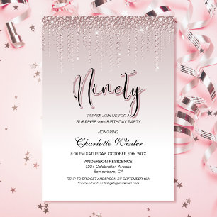 Glamourous Pink Diamonds Surprise 90th Birthday Invitation