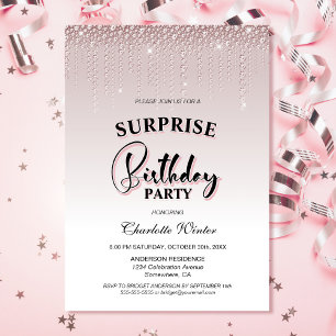 Glamourous Pink Diamonds Surprise Birthday Party Invitation