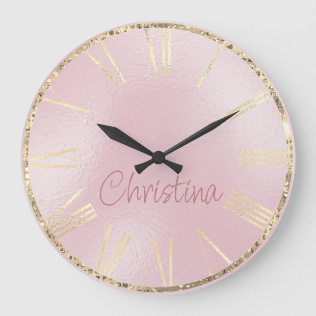 Glamourous Pink Foil and Gold Diamonds Large Clock (Front)
