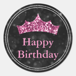 Glamourous Pink Glitter Crown Black Bokeh birthday Classic Round Sticker