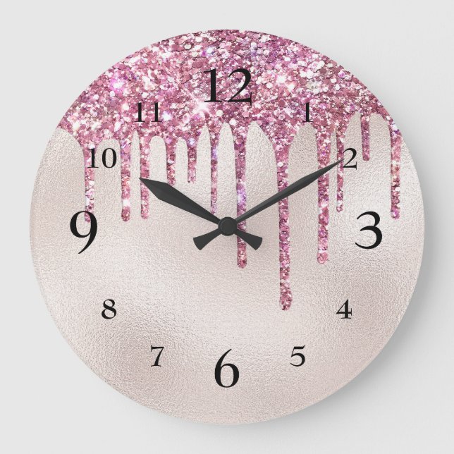 Glamourous Pink Glitter Dripping on Champagne Pear Large Clock (Front)