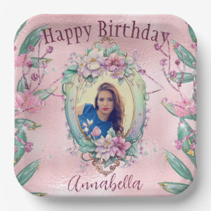 Glamourous Pink Glitter Fairy Tale Photo Mirror Paper Plate