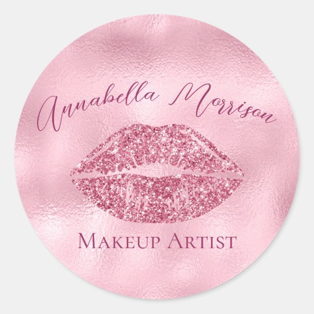 Glamourous Pink Glitter Lips Classic Round Sticker (Front)