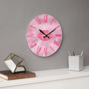 Glamourous Pink Glitter Lips Large Clock