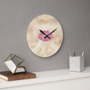 Glamourous Pink Glitter Lips on Champagne Gold Large Clock