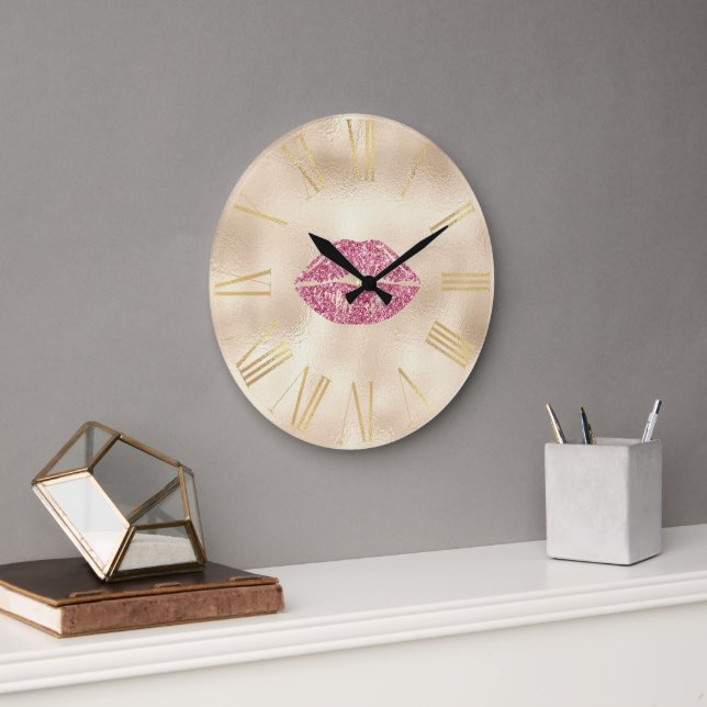Glamourous Pink Glitter Lips on Champagne Gold Large Clock (Office)