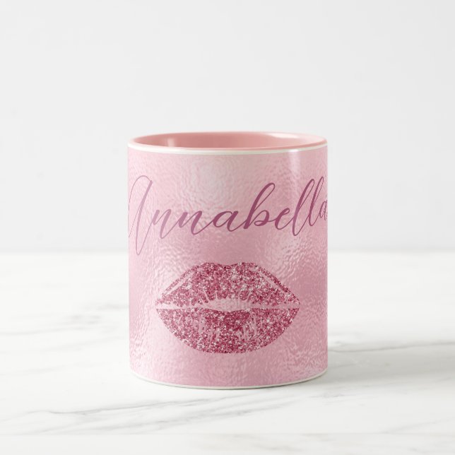Glamourous Pink Glitter Lips Two-Tone Coffee Mug (Center)