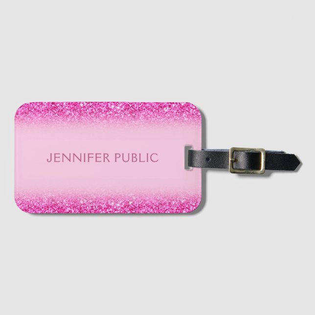 Glamourous Pink Glitter Modern Template Elegant Luggage Tag (Front Horizontal)