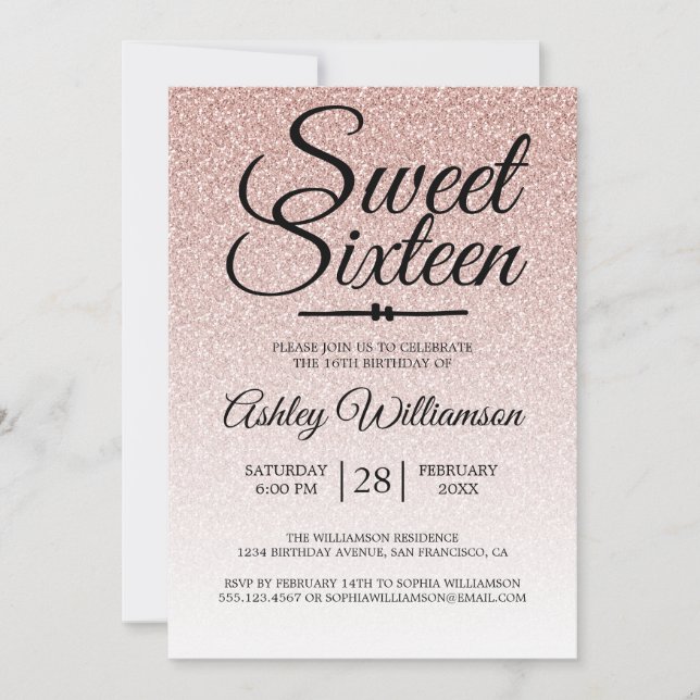 Glamourous Pink Glitter Ombre Sweet 16 Birthday Invitation (Front)