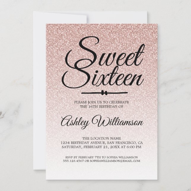 Glamourous Pink Glitter Ombre Sweet 16 Birthday Invitation (Front)