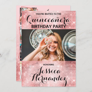 Glamourous Pink Glitter Sequins Photo Quinceañera Invitation