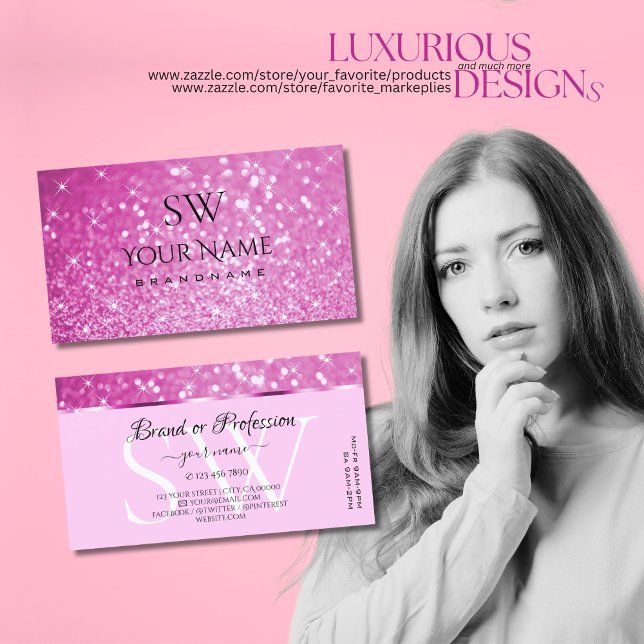 Glamourous Pink Glitter Sparkling Stars Initials Business Card (Creator Uploaded)