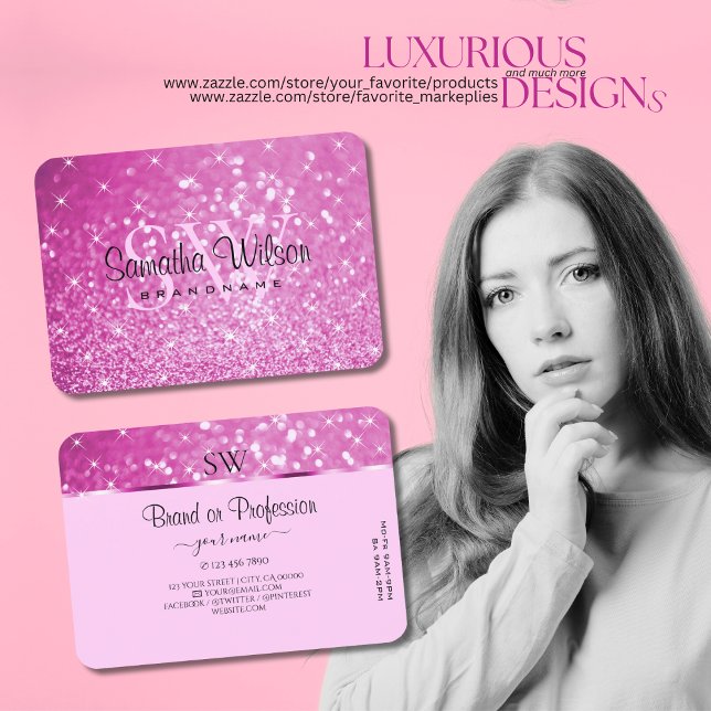 Glamourous Pink Glitter Sparkling Stars Monogram  Business Card (Creator Uploaded)